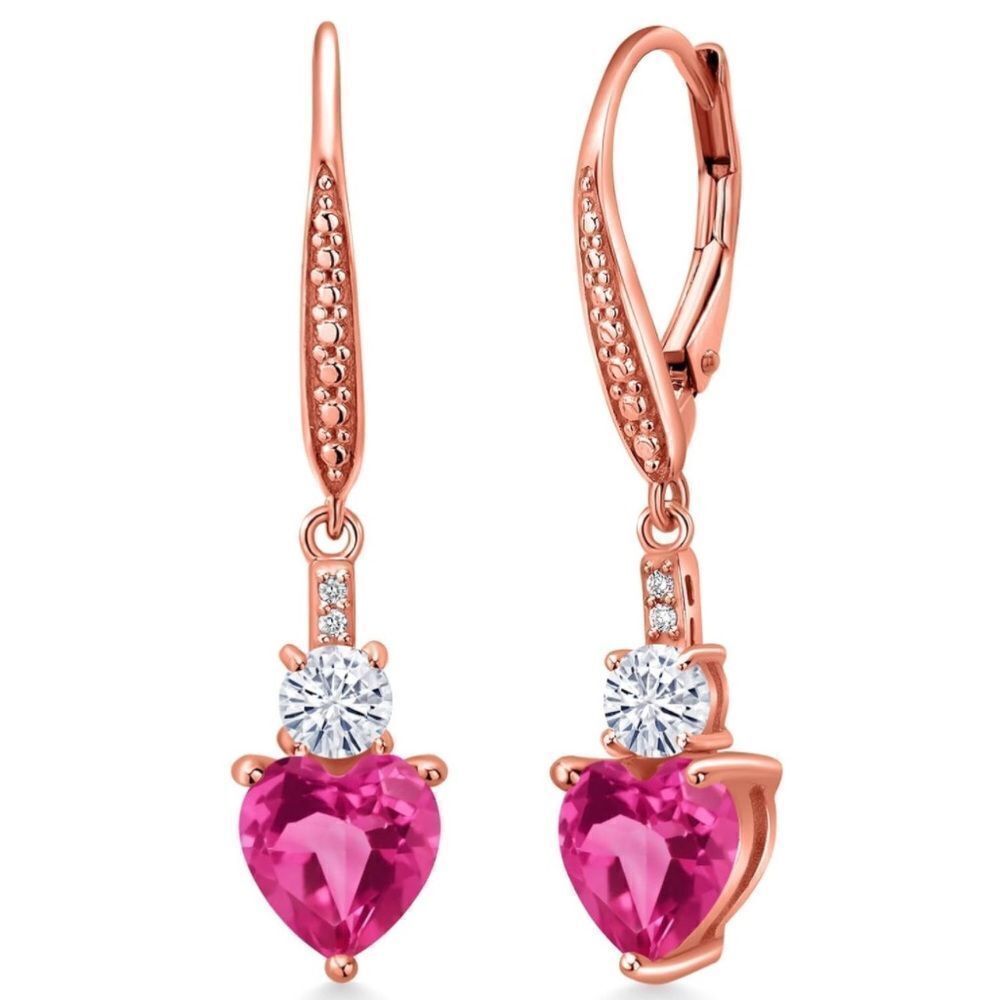 18K Rose Gold with 3.29 Cttw Pink Sapphire and Moissanite Heart Drop Earrings